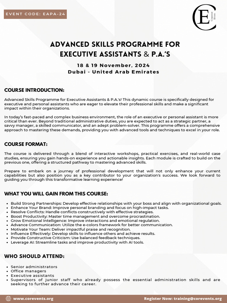 ADVANCED SKILLS PROGRAMME For EXECUTIVE ASSISTANTS & P.A.'S in Dubai ...