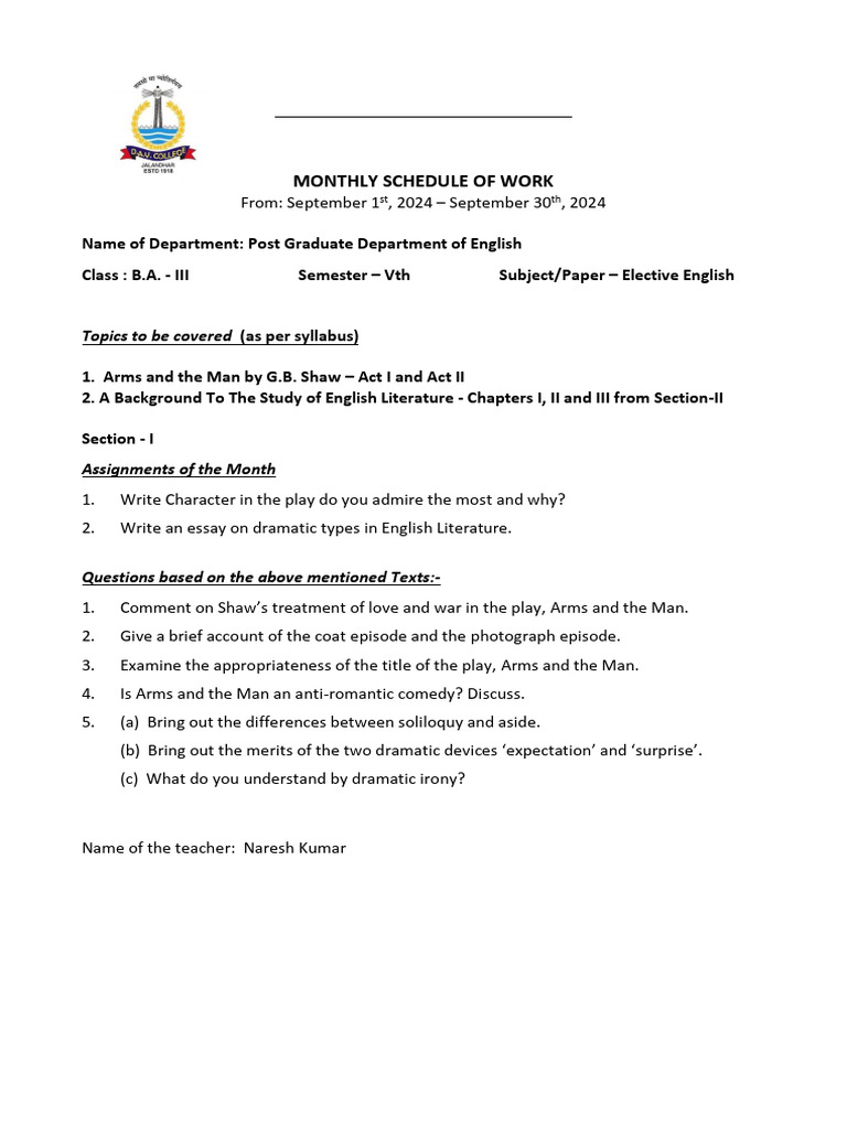 Monthly Schedule September Naresh Kumar Sharma BA III 1 PDF Classics
