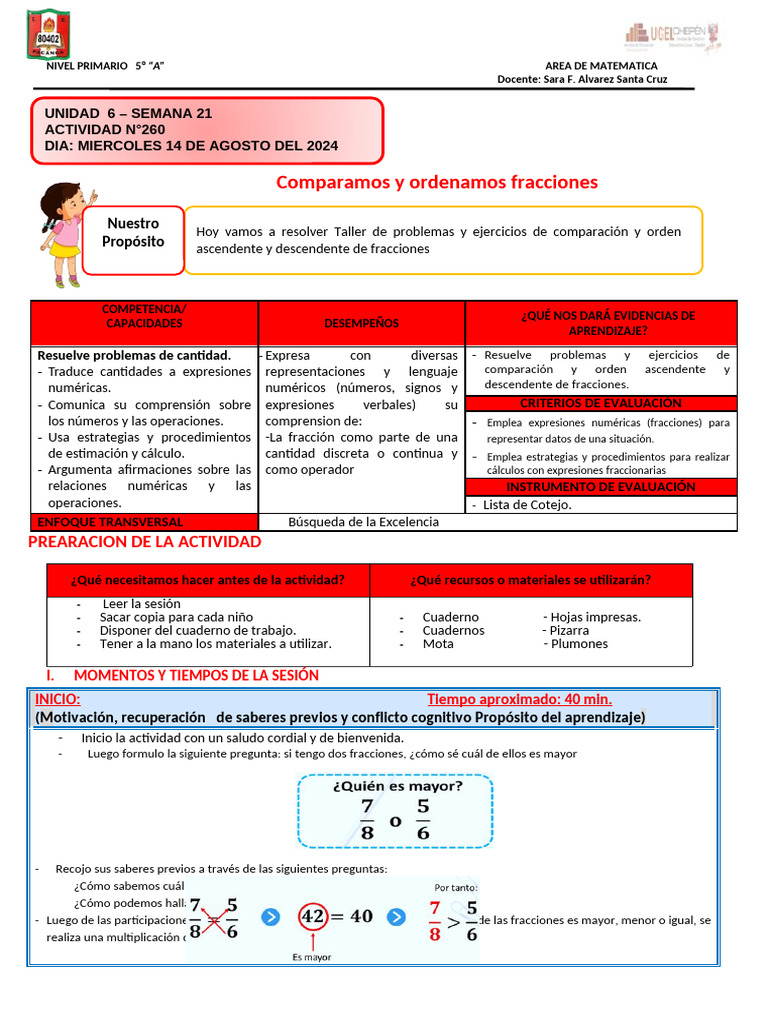 S260 Mat. 14-08-2024 - Compramos y Ordenamos Fracciones | PDF
