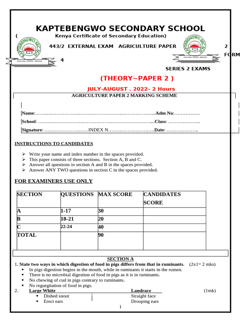 Agriculture Paper 2 Marking Scheme Pdf