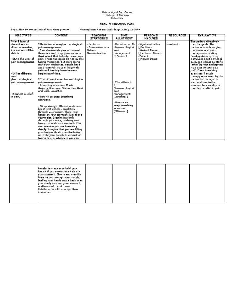 31358825 Health Teaching Plan Non Pharmacological Pain Management