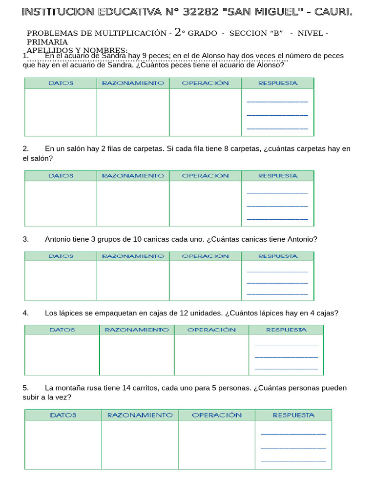 Problemas de Multiplicación para Segundo Grado de Primaria | PDF