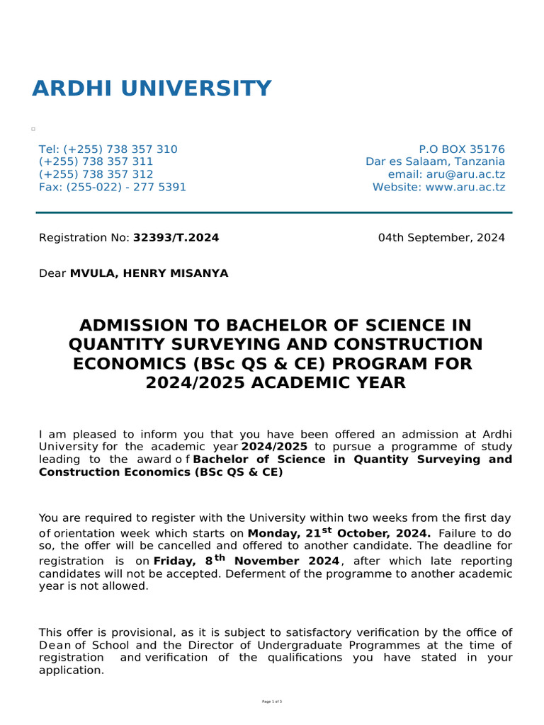 Admission Letter | PDF