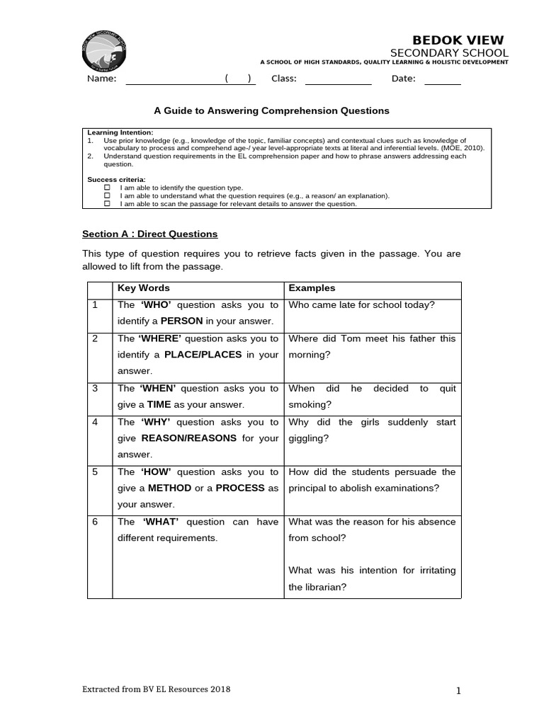1N Comprehension Question Types - Notes and Practice | PDF