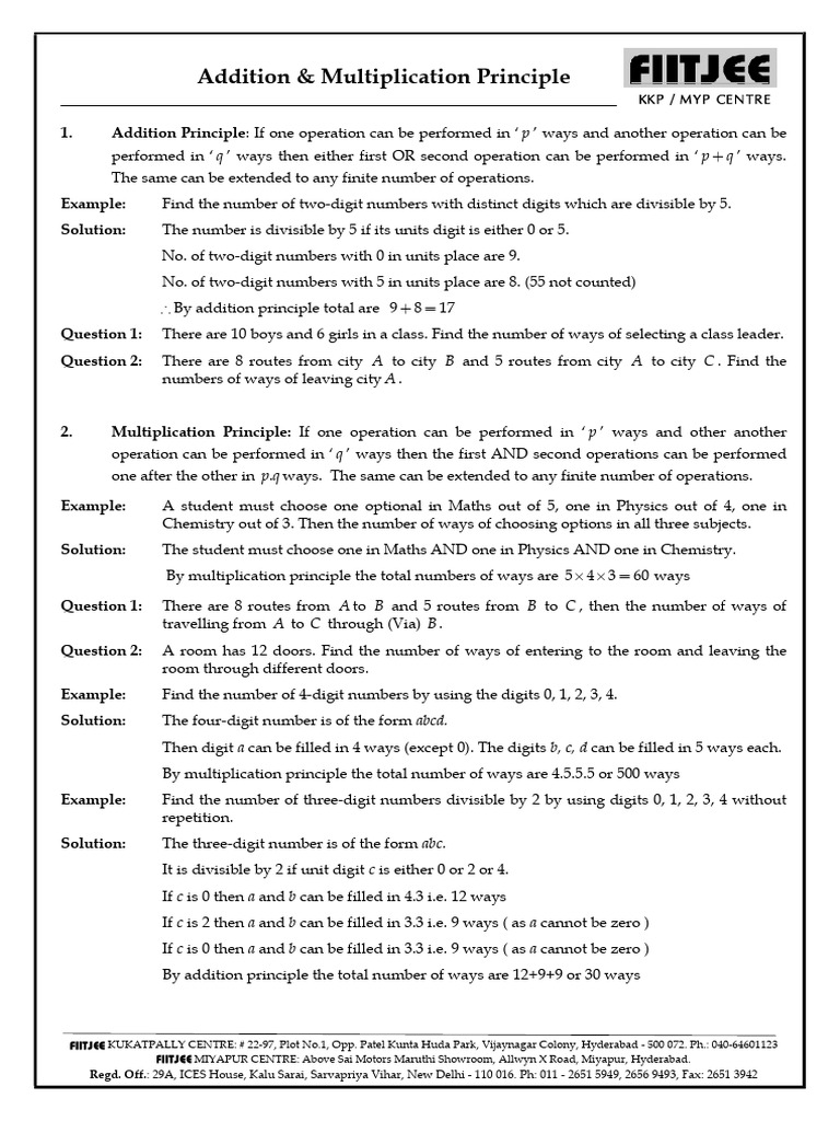 Addition & Multiplication Principle - MNR - 2024-25 | PDF