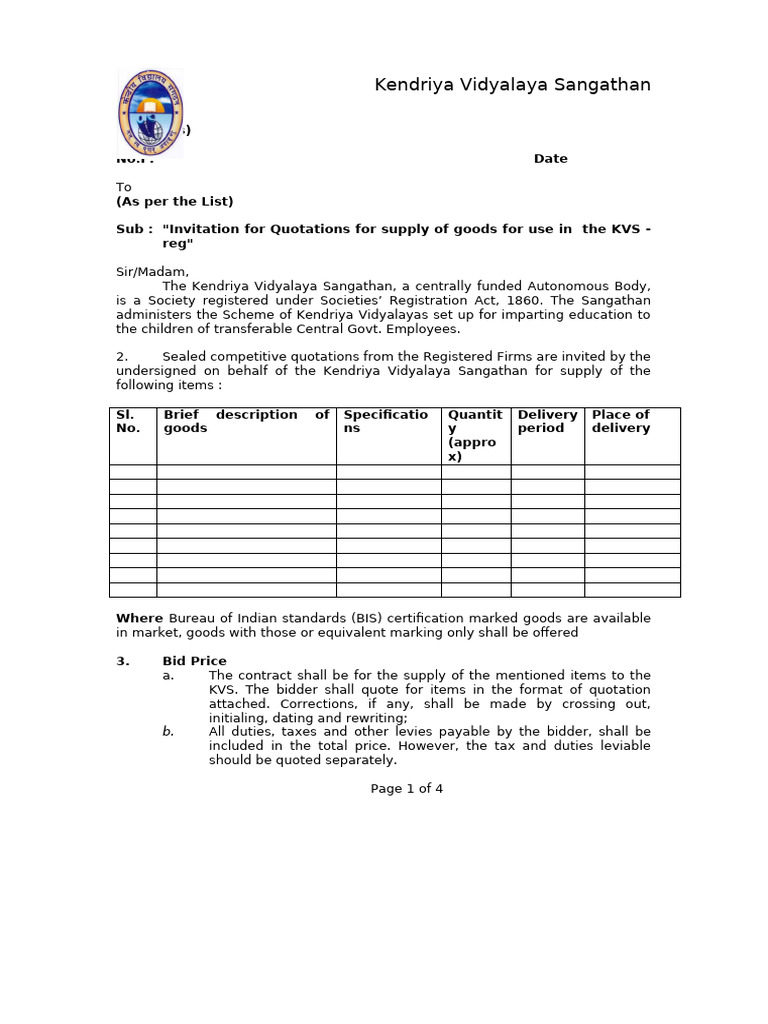 Quotation Proforma For Supply of Articles | PDF