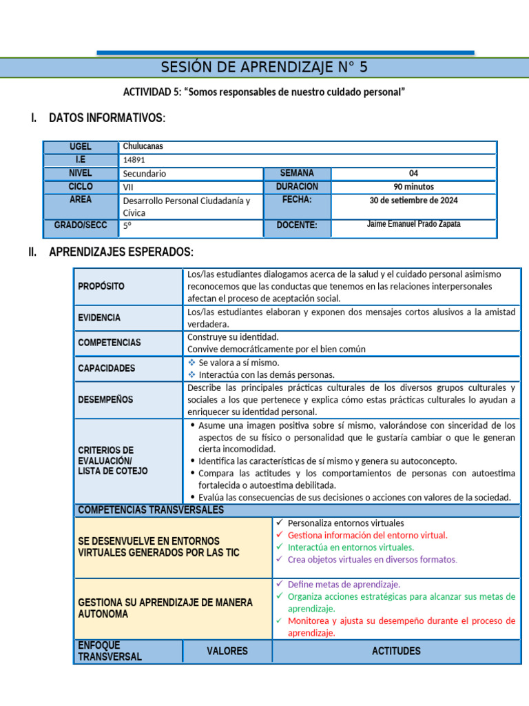 Cuidado Personal en DPCC 5to Sec. 2024 | PDF | Aprendizaje ...