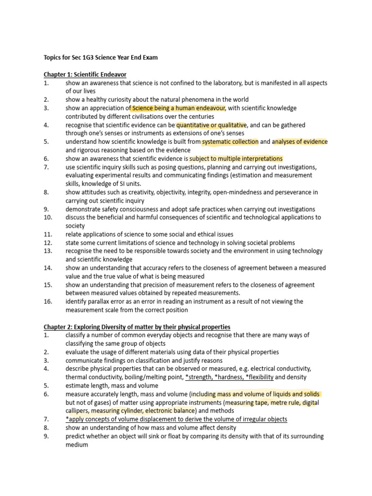 Topics For Sec 1G3 Science Year End Exam | PDF