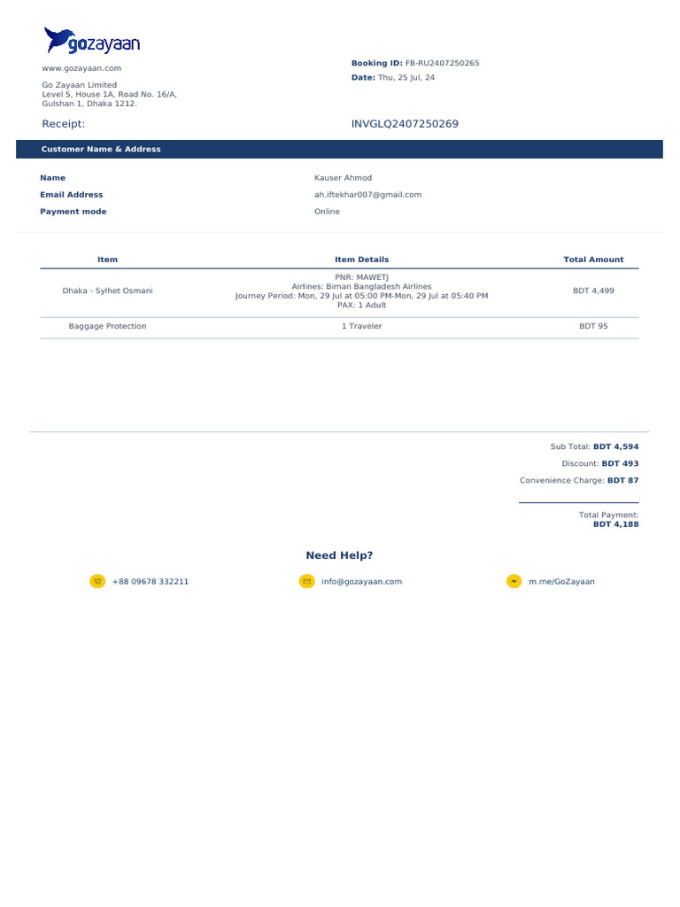 Booking Invoice:InVGLQ2407250269 | PDF