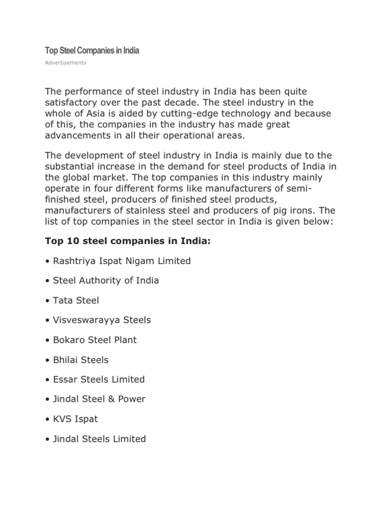 Top Steel Companies in India PDF