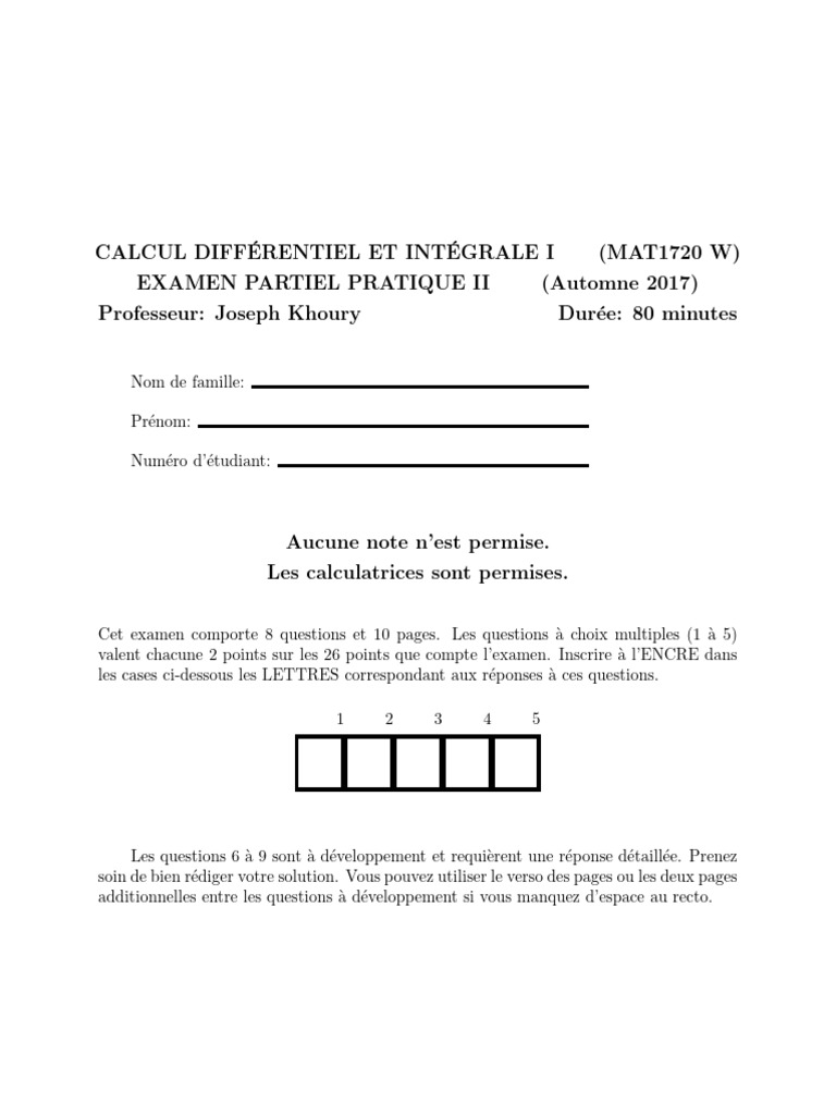 Calcul Diff Erentiel Et Int Egrale I (MAT1720 W) Examen Partiel ...