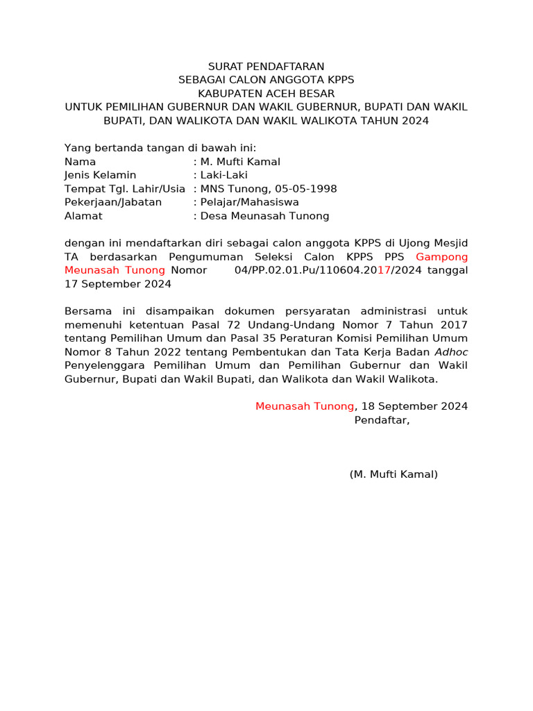 00 - SURAT - PENDAFTARAN Kpps 2 | PDF