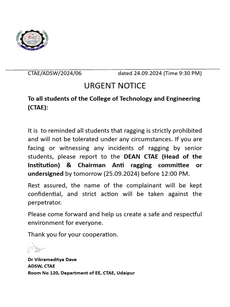 Anti Ragging Notice | PDF