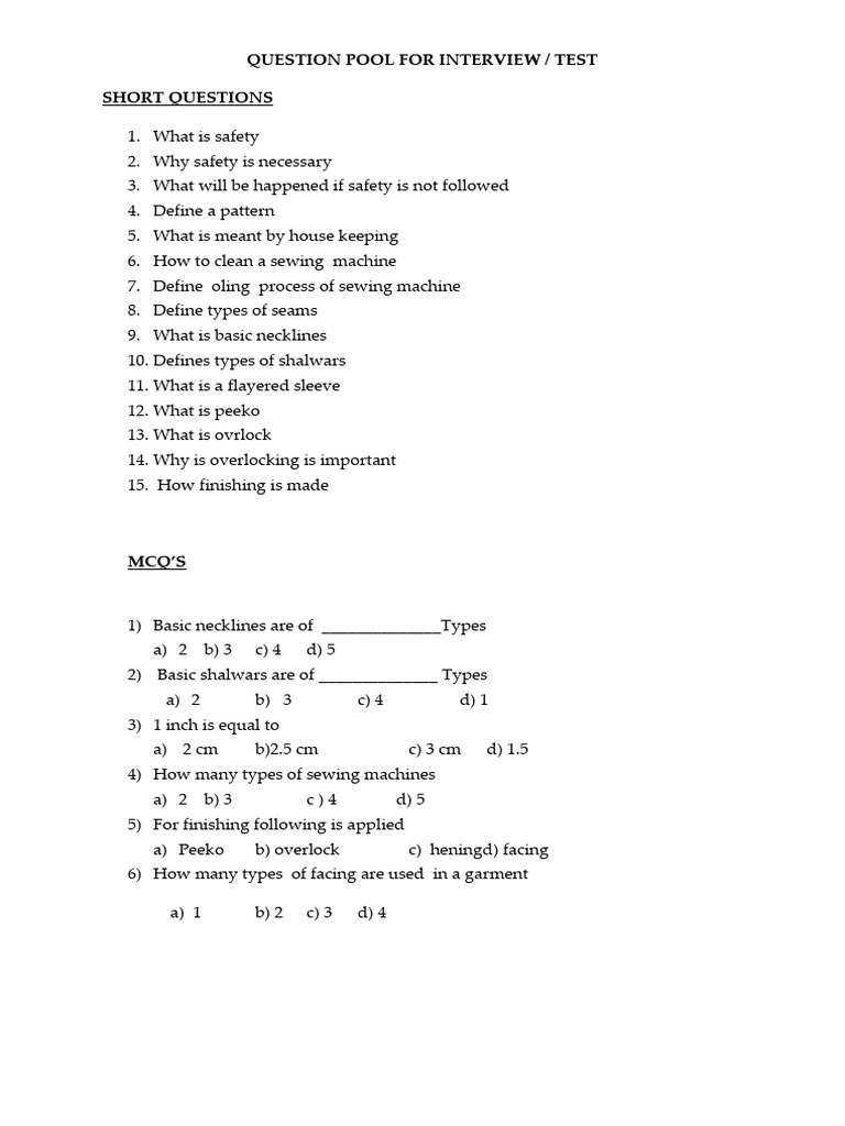 Questions Pool For Interview-Test Tailoring | PDF