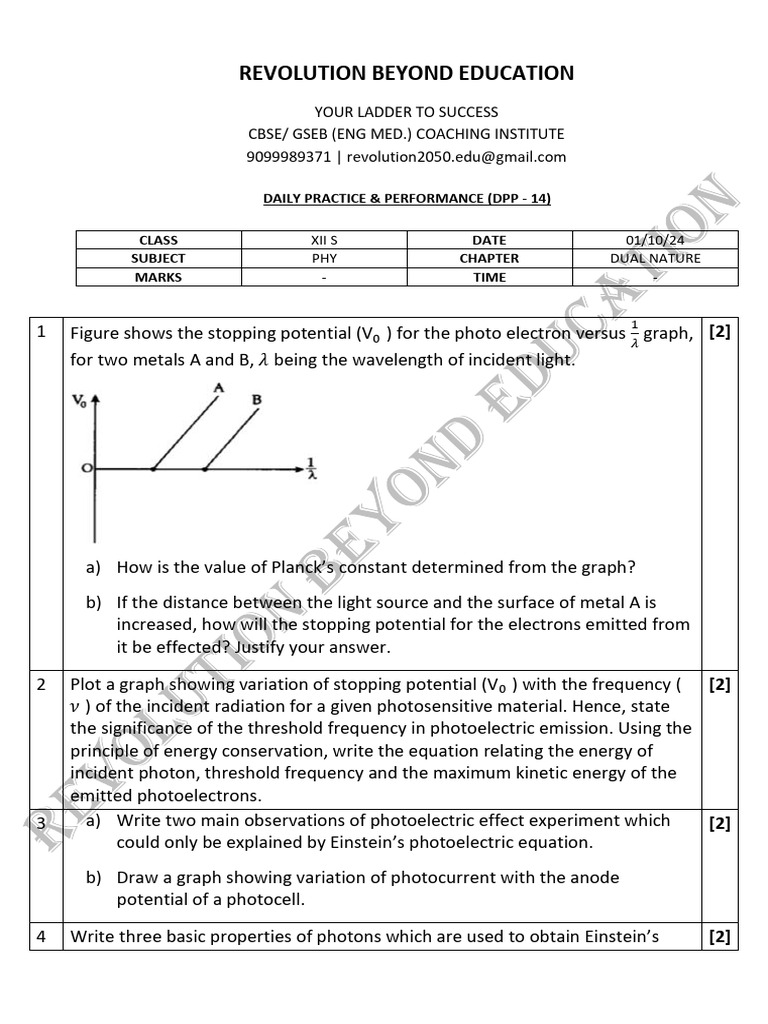 DPP 14 Phy Dual Nature | PDF
