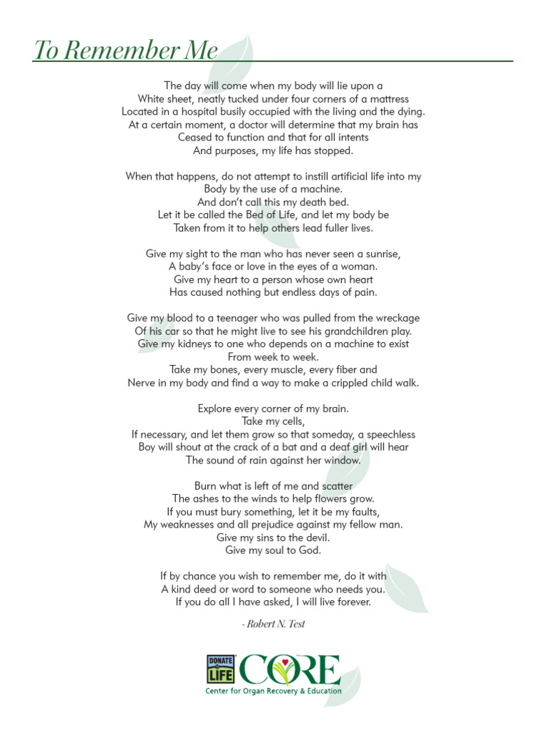 Remember Me: A Poem by Robert N. Test | PDF | Self-Improvement | Poetry