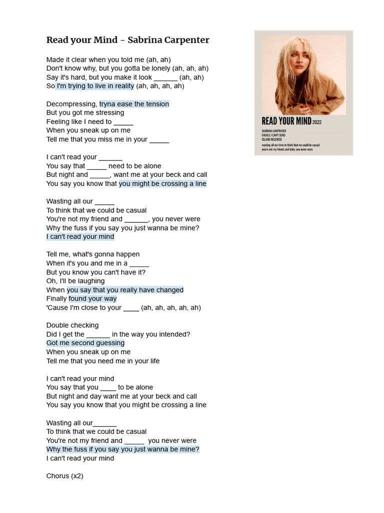 Read Your Mind Sabrina Carpenter A1 Pdf