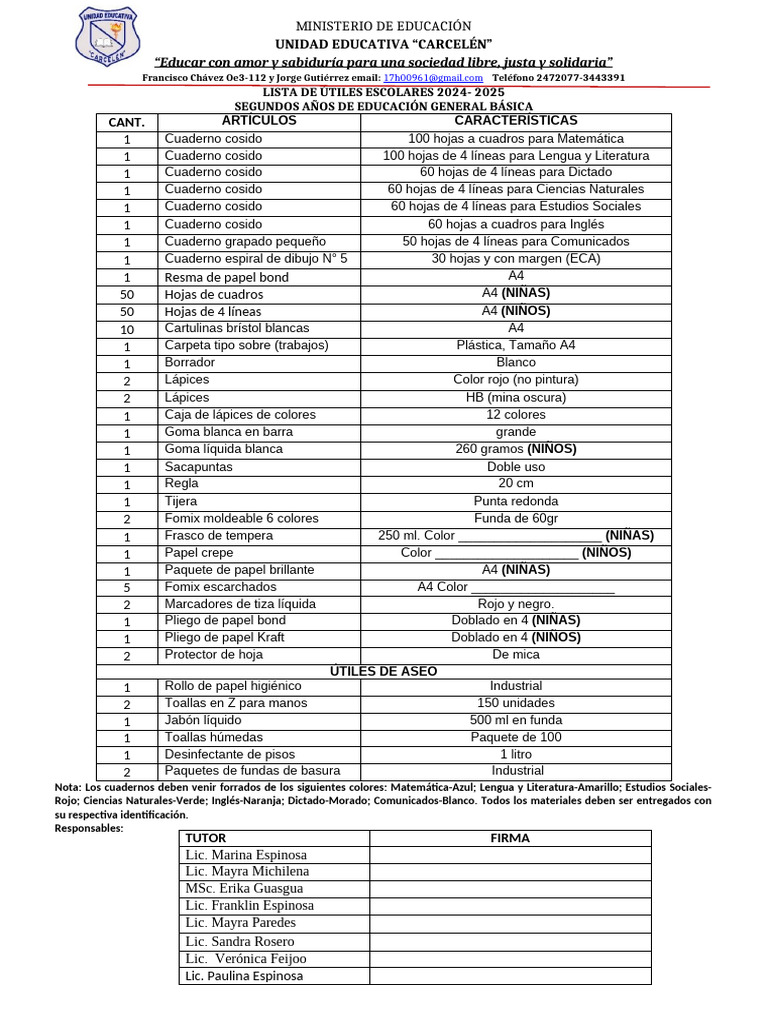 Lista de Utiles Segundo 2024 2025 | PDF