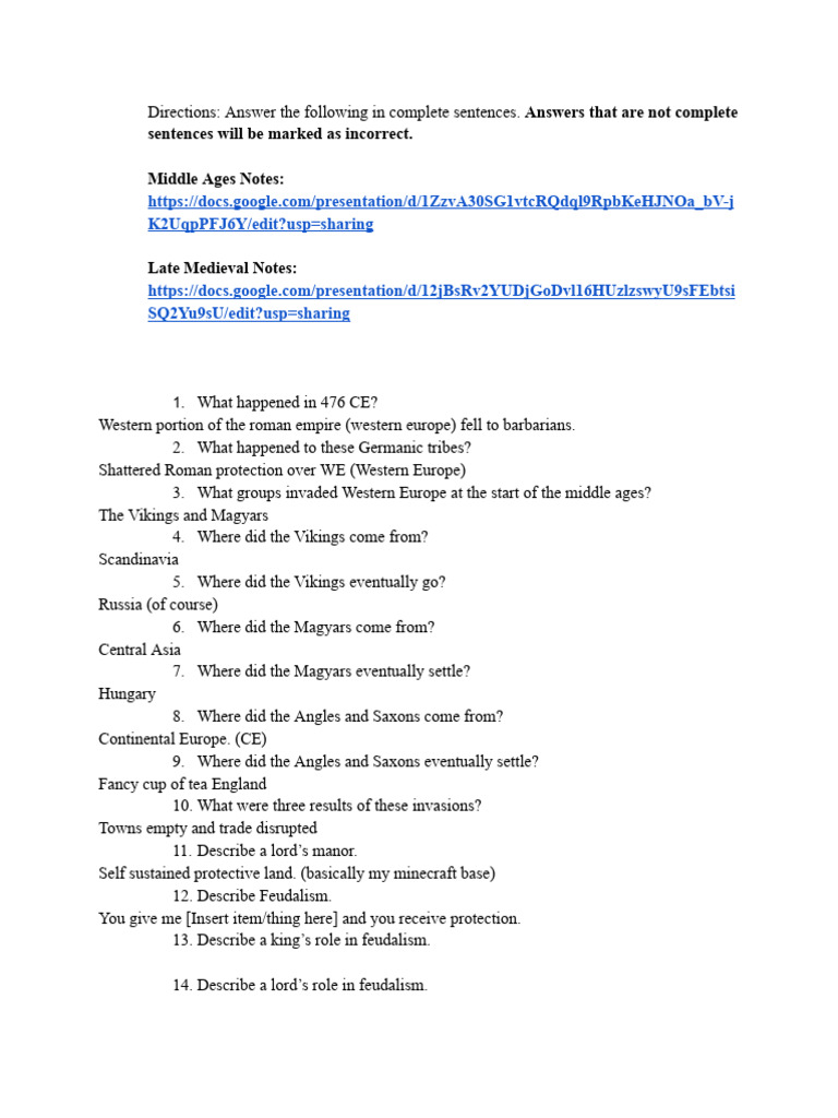 Middle Ages Study Guide & Answers | PDF | Middle Ages | History
