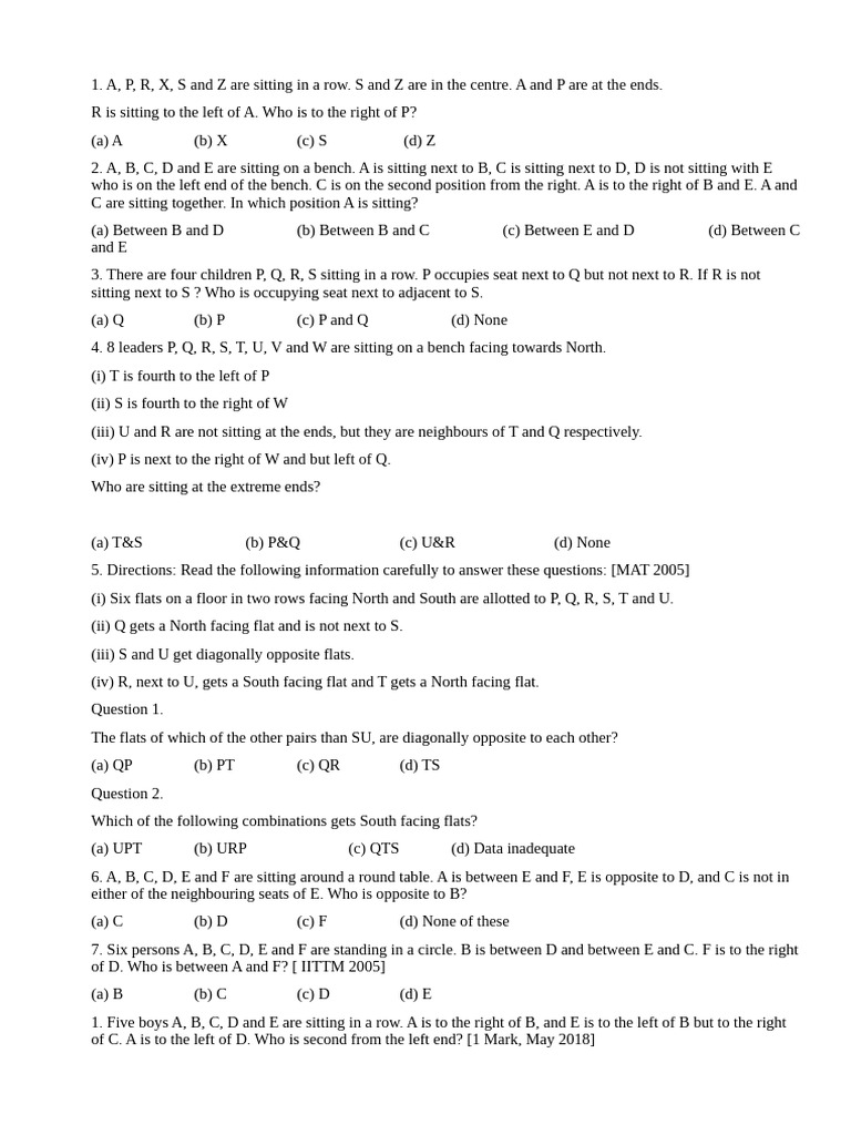 Seating Arrangement Qp Pdf