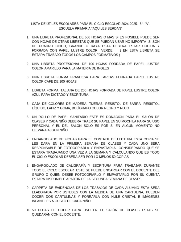 Lista de Útiles Escolares para El Ciclo Escolar 2024-2025 | PDF