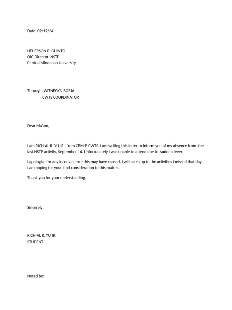 Excuse Letter | PDF