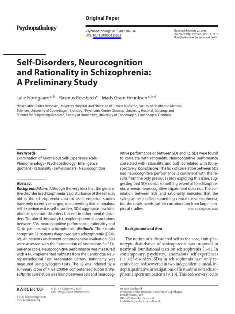 Self-Disorders and Rationality in Schizophrenia | PDF | Schizophrenia ...