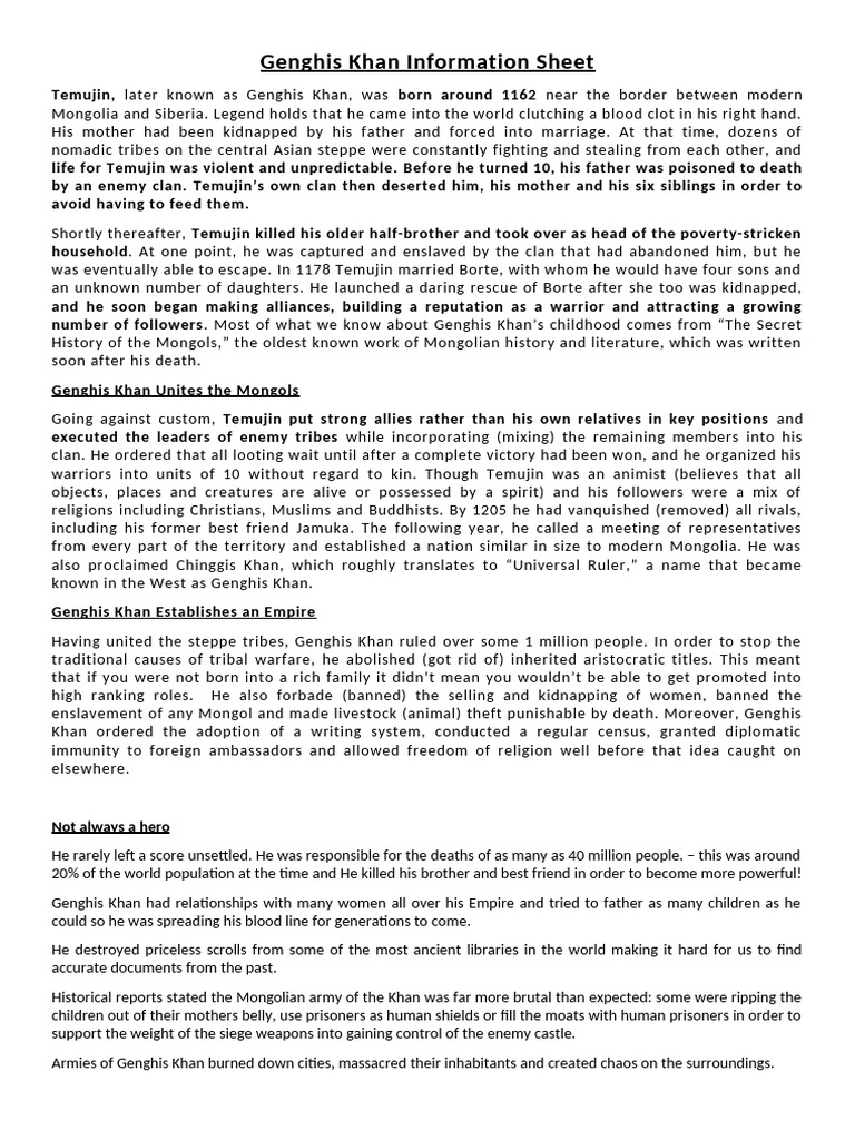 L7 - Genghis Khan Factfile Info HW | PDF