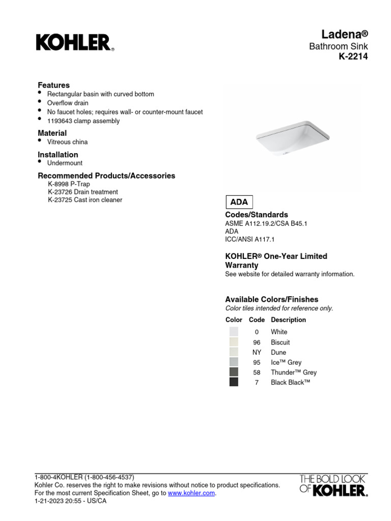 Kohler k2214 Specs2023 | PDF