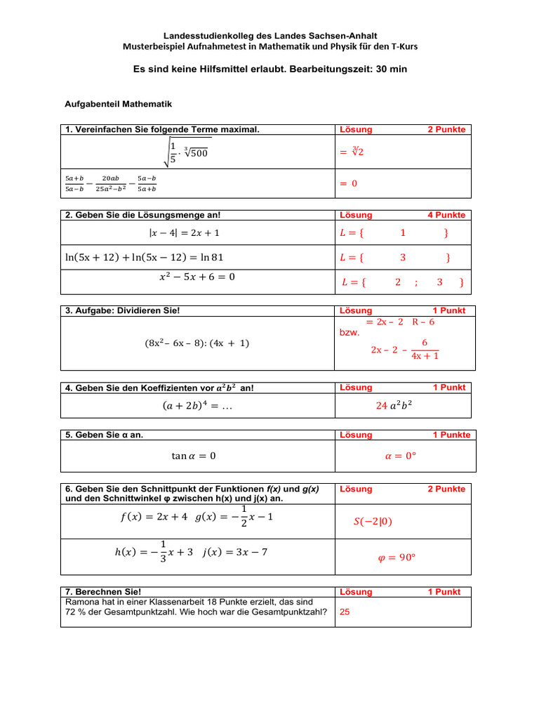 Musterbeispiel Aufnahmetest in Mathematik Und Physik Fü R Den T-Kurs | PDF