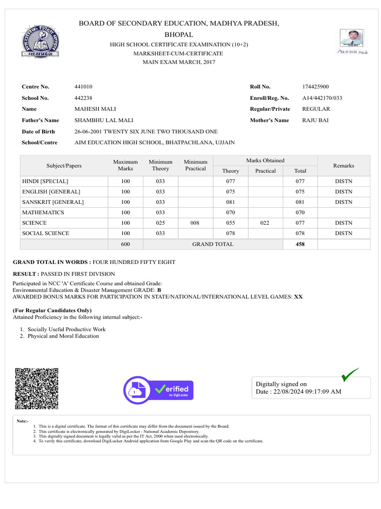 Madhya Pradesh High School Marks Certificate | PDF | Educational Stages ...