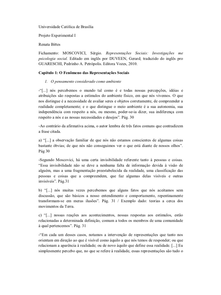 Para Moscovici As Representações Sociais Se Dividem Em Dois Mecanismos