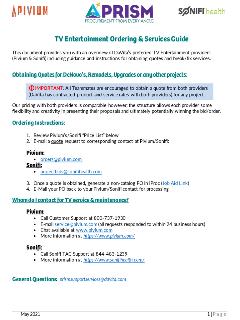 Pivium & Sonifi - TV Entertainment Ordering & Services Guide | PDF