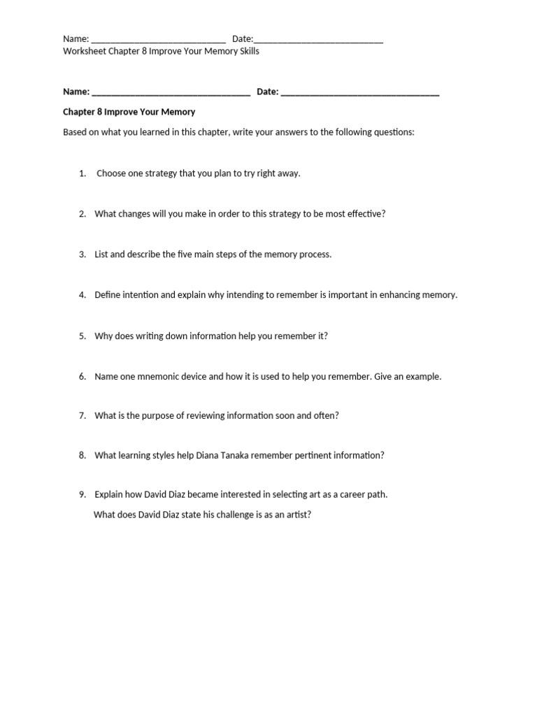 Chapter 8 Improve Your Memory Skills Worksheet | PDF