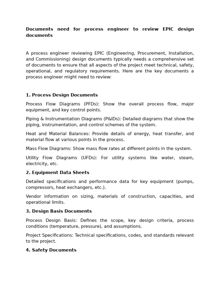 Documents need for process engineer to review epic design documents