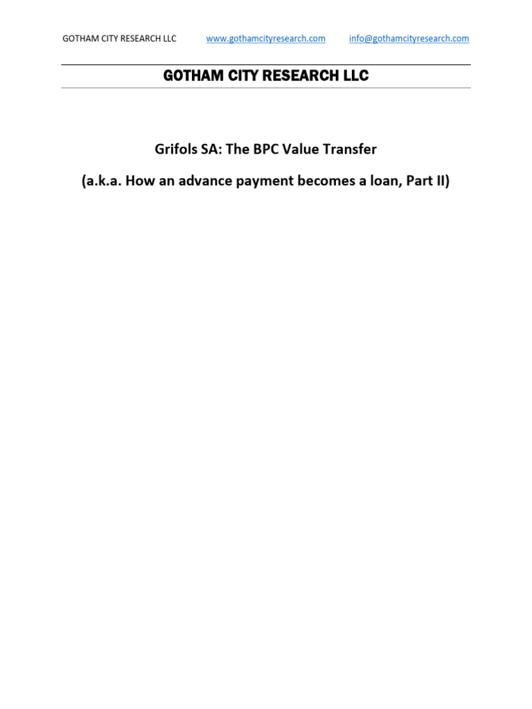 Grifols SA The BPC Value Transfer (aka How an advance payment