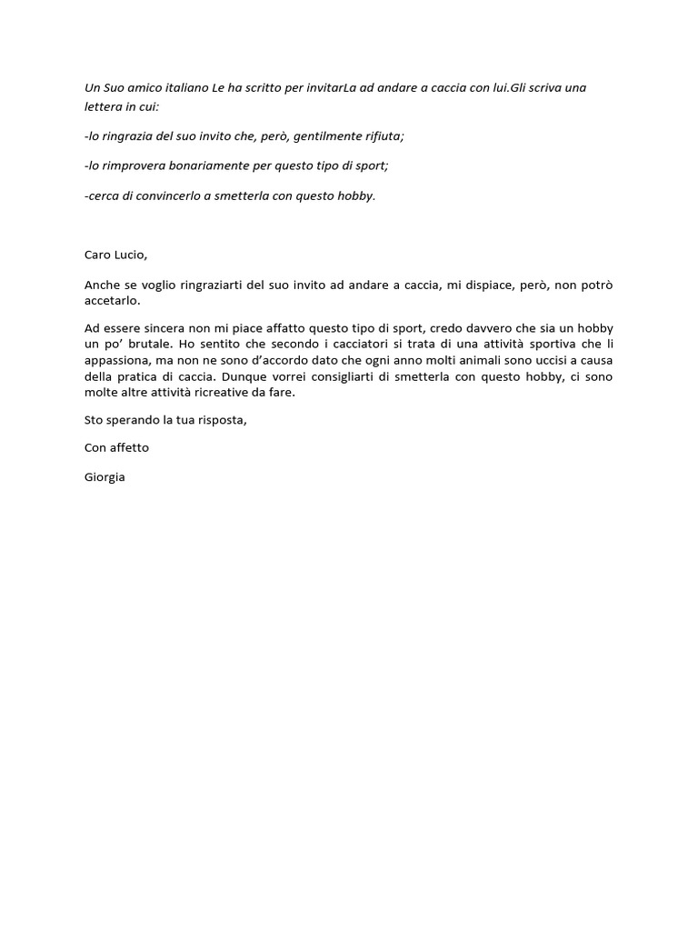 Lettera di rifiuto all'invito a caccia | PDF
