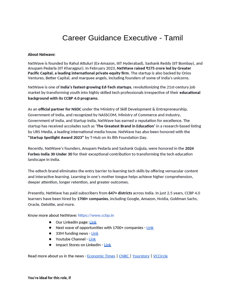 Career Guidance Executive - Tamil | PDF