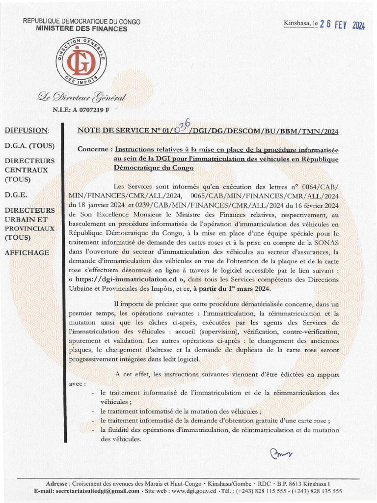 NOTE DE SERVICE #01 036 Du 26 Fevvrier 2024 Instruction Mise en Place ...