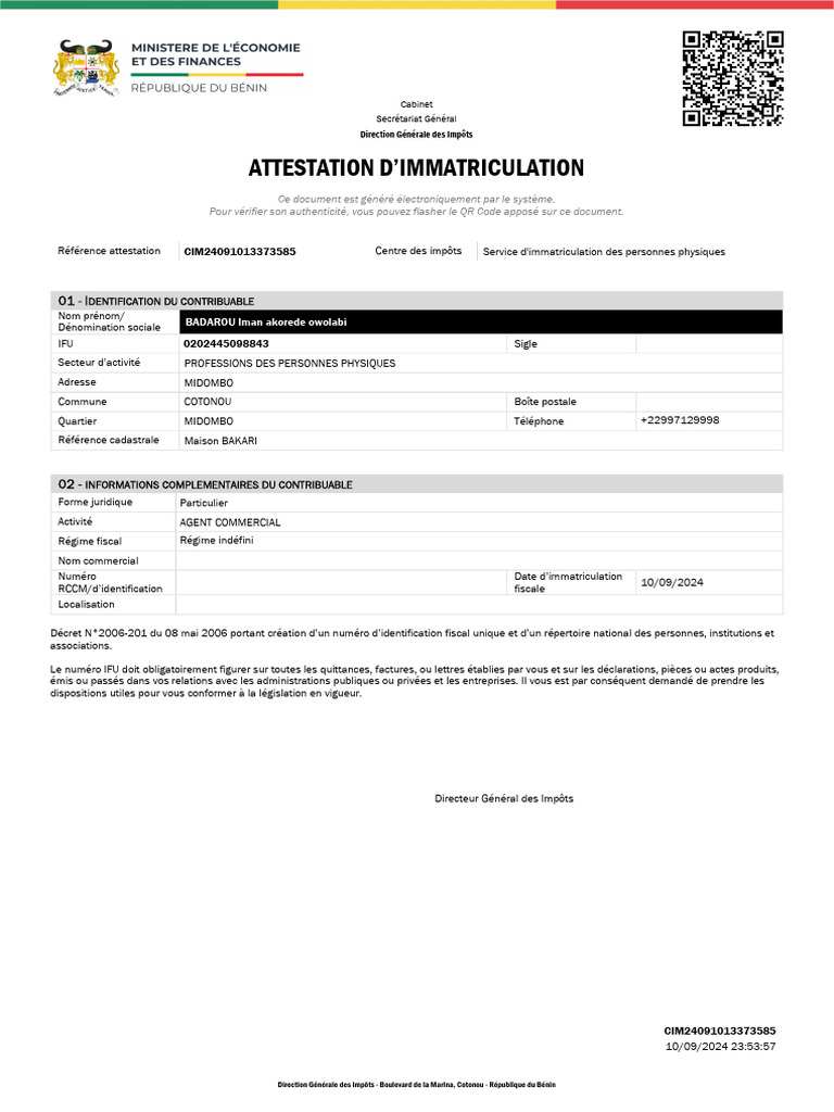 CIM-Certificat d'Immatriculation-CIM24091013373585-240910 | PDF