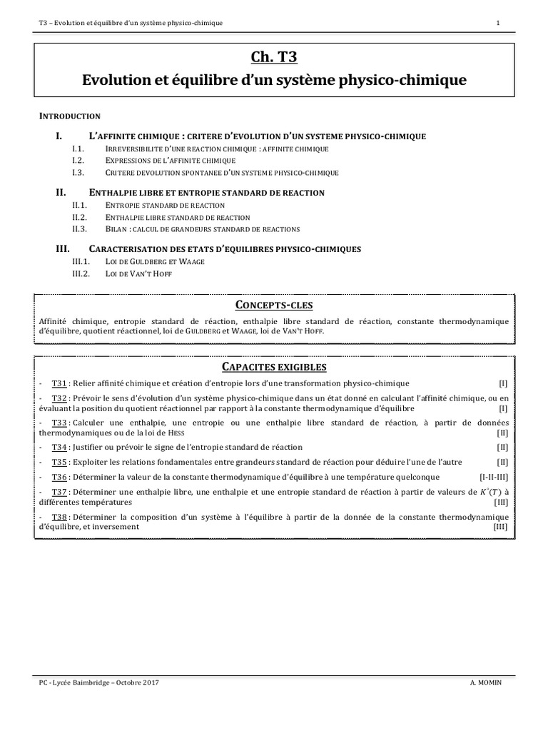 Cours Evolution Et Equilibre D Un Systeme Physico Chimique | PDF