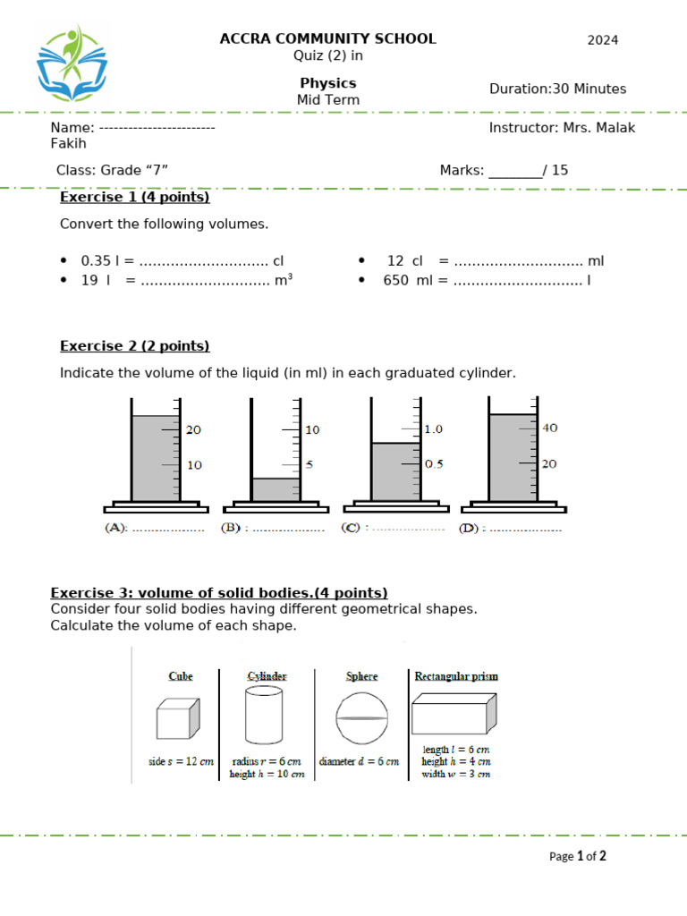 Grade 7 Quiz Volume Pdf