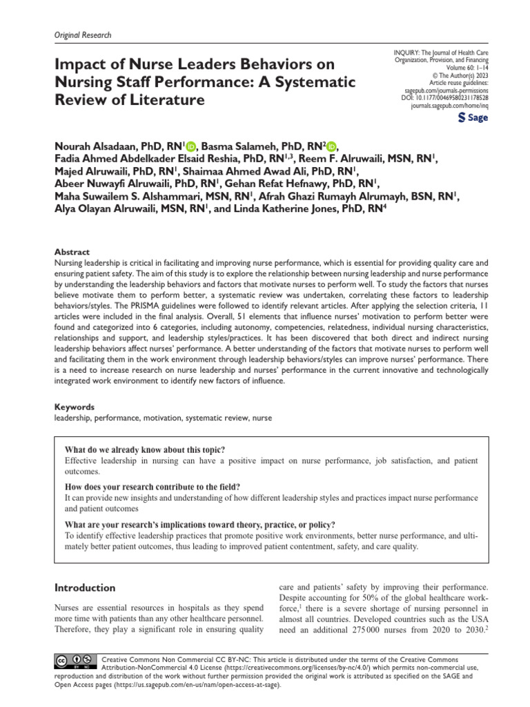 Nurse Leaders' Impact on Staff Performance | PDF | Leadership | Self ...