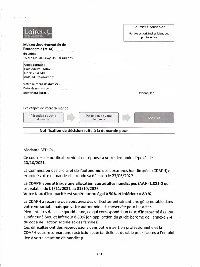 Decision MDA Loiret Pour AAH | PDF