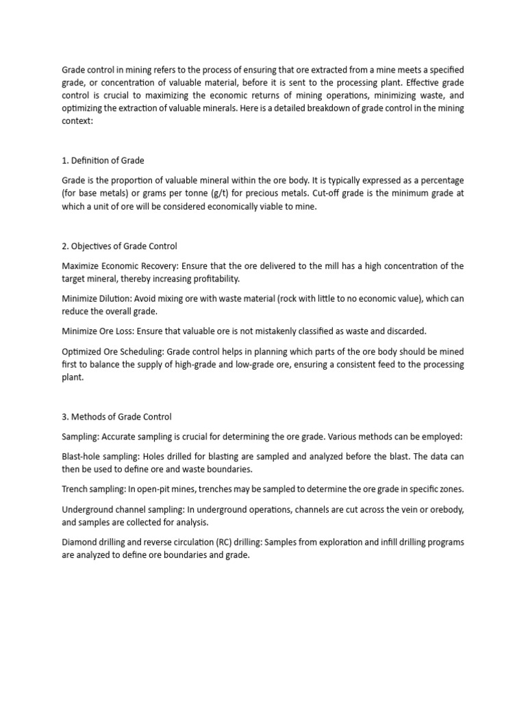 Grade Control in Mining Refers To The Process of Ensuring That Ore ...