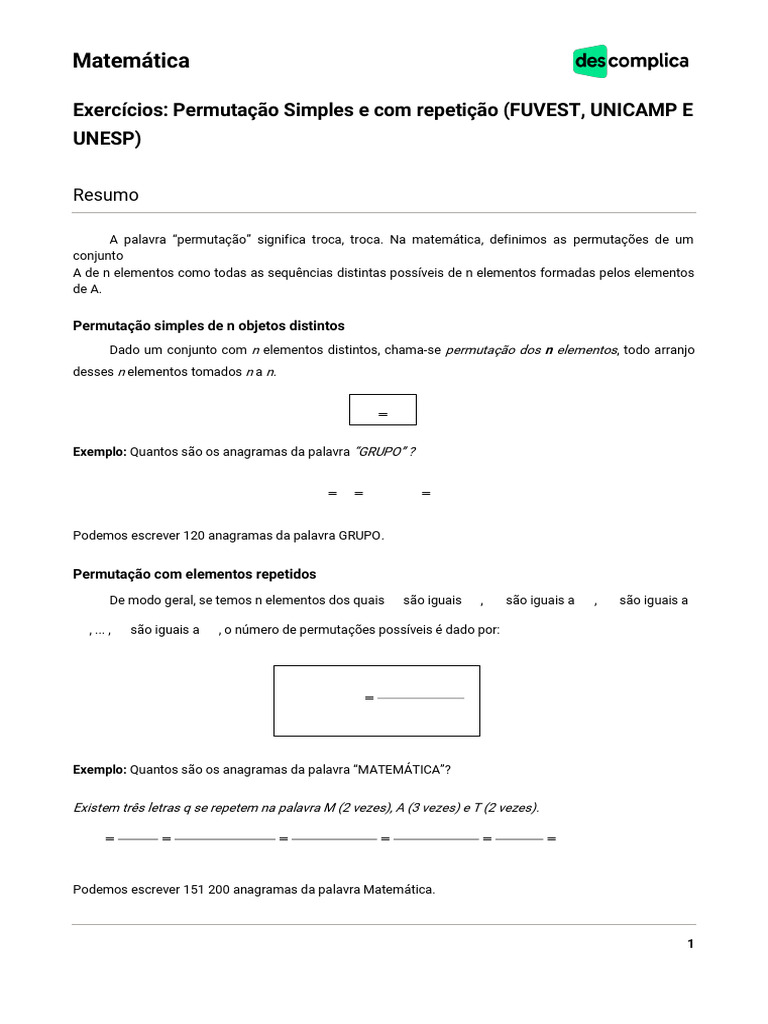 Bixo 2 Exercícios Permutação Simples e Com Repetição - FUVEST, UNICAMP ...