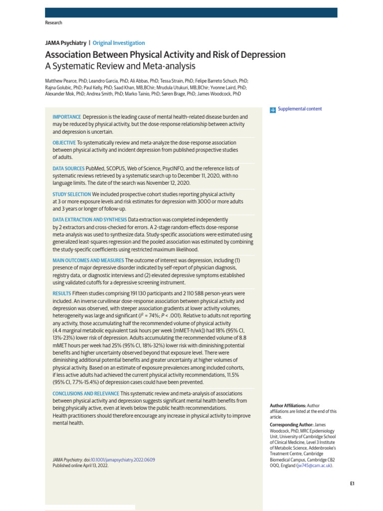 Association Between Physical Activity and Risk of Depression | PDF