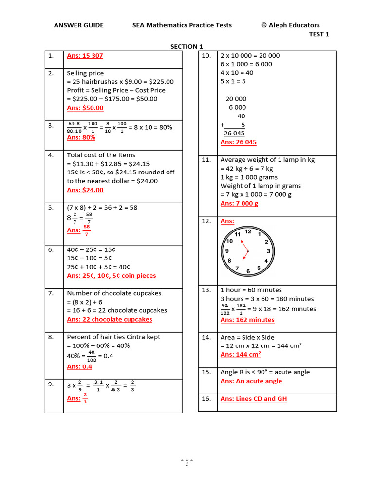 Aleph Educators 2021 Mathematics Answer Guide Tests 1 To 6 | PDF