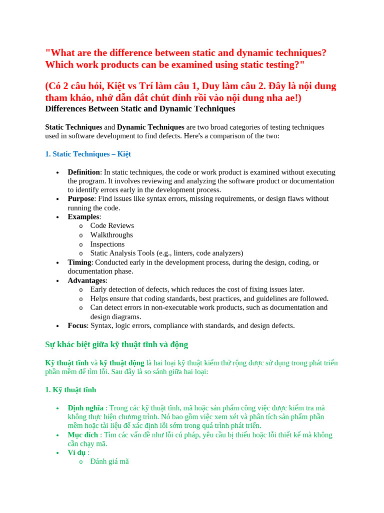Static vs Dynamic Testing Techniques | PDF | Software Development ...