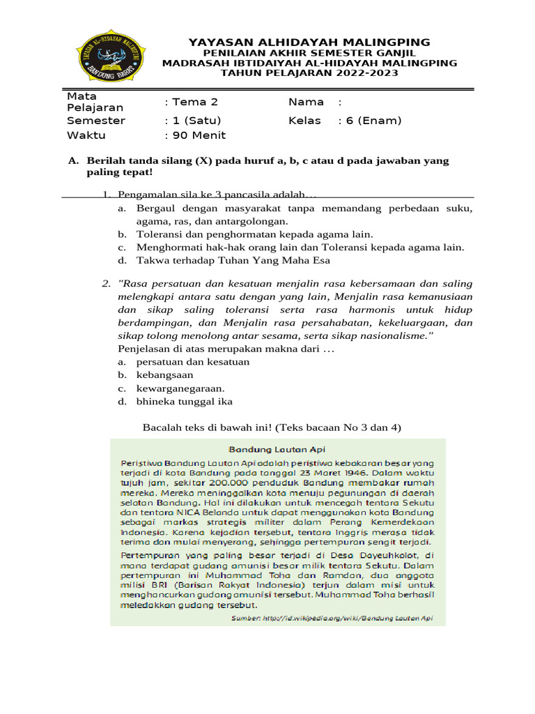 Soal Tema 2 Kelas 6 Pdf
